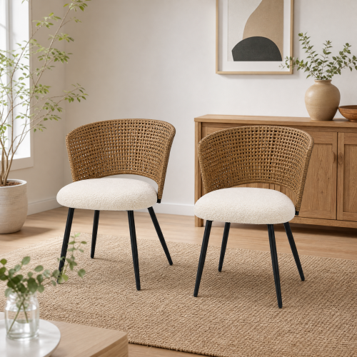 PE Rattan Dining Chairs with Teddy Cushions and Metal Legs, Set of 2, Beige/Brown