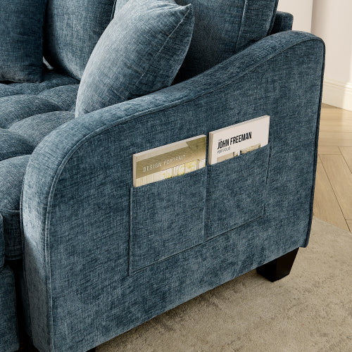 Blue 2-Seater Sofa Chaise, Irregular Armrest, Storage Footrest & 2 Pillows