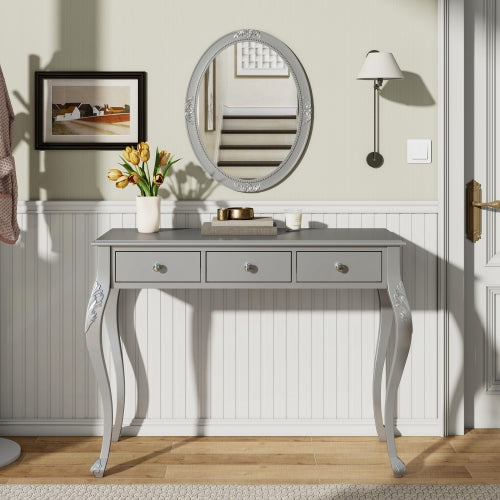 Silver Luxury Oval?Mirror Vanity Desk, 41.0 inch *17.5 inch  Tabletop, 3 Drawers, Elegant Console Table for Entryway & Bedroom