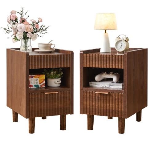 Walnut Fluted Nightstands Set of 2 with Drawer and Open Storage
