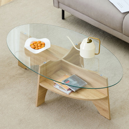 Oval Tempered Glass Coffee Table 41.3 Inch Wood Grain Legs Modern Accent