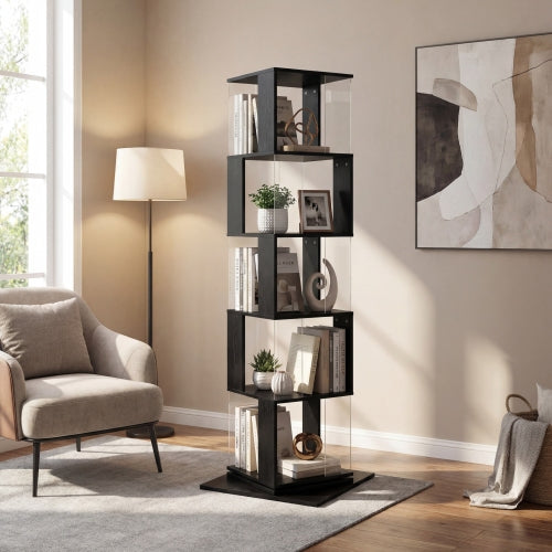 360° Rotating Bookshelf with Acrylic Plate, 5-Tier Tall, Floor Rack Simple Bookcase, Modern Display Shelf for Living Room/Home Office/ Bedroom