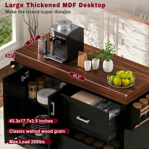 53 Inch Rolling Kitchen Island with Thick Top Drawers & Spice Rack Black
