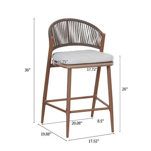 Outdoor 26" Seat Height Aluminum Frame Counter Stools with PE Rattan Scallop-shaped Backrest, Set of 2, Teak Finish