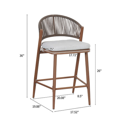 Outdoor 26" Seat Height Aluminum Frame Counter Stools with PE Rattan Scallop-shaped Backrest, Set of 2, Teak Finish