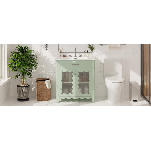 31" Bathroom Vanity with Tempered Glass, Modern Bathroom Cabinet with Rubber Wood legs and Soft close Doors, Green
