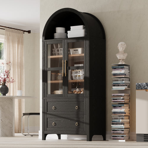 71 Inch Black Arched Glass Door Kitchen Pantry Storage Cabinet