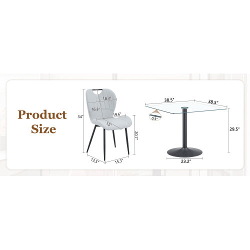 5-Piece Square Glass Dining Set, Single-Column Table & 4 Light Gray PU Handle Chairs