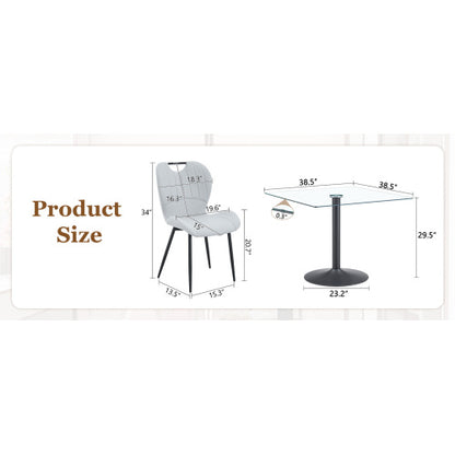 5-Piece Square Glass Dining Set, Single-Column Table & 4 Light Gray PU Handle Chairs