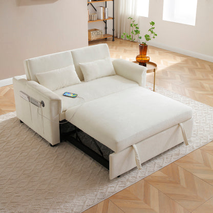Beige 55 inch  Velvet 3-in-1 Pull-Out Loveseat Sofa-Bed,USB & Side Pockets