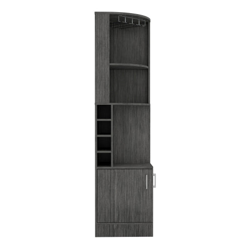 Corner Bar Cabinet, Eight Bottle Cubbies, Double Door, Two Open Shelves -Smokey Oak