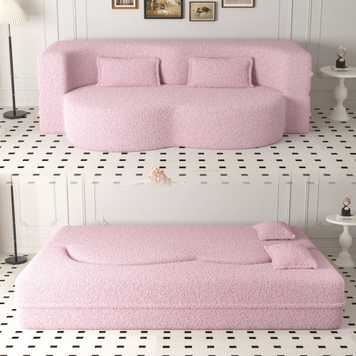 Pink Full-Size Sherpa Fleece Convertible Floor Sofa Bed, 2 Pillows, No Assembly