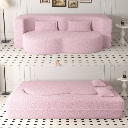 Pink Full-Size Sherpa Fleece Convertible Floor Sofa Bed, 2 Pillows, No Assembly