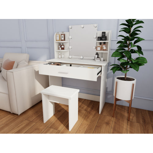 White One Drawer Dresser Vanity Table with Open Shelves, Adjustable Mirror & Matching Stool, Compact