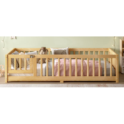 Twin Size Bed Floor Bed with Safety Guardrails and Door for Kids, Natural