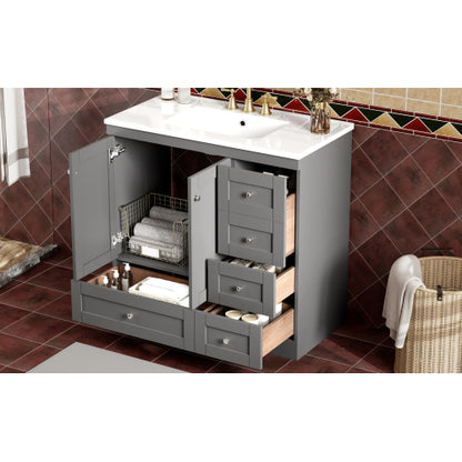 36 inch Shaker Style Free-Standing Bathroom Vanity Cabinet with Ceramic Sink, 4 Soft-close Drawers and 2 Soft-close doors