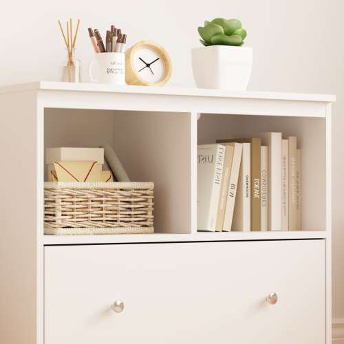 White Kids Storage Cabinet 2 Open Shelves With Full-Width Drawer Anti-Tip Design For Playroom Nursery