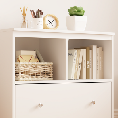 White Kids Storage Cabinet 2 Open Shelves With Full-Width Drawer Anti-Tip Design For Playroom Nursery