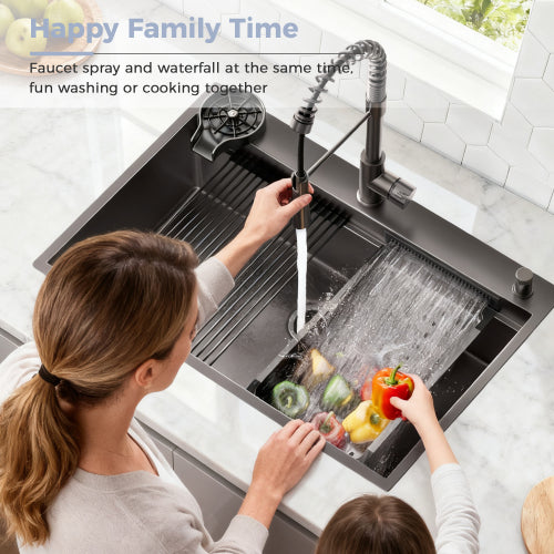 33 Inch Gunmetal Black Waterfall Kitchen Sink with Pull Out Faucet Combo, Workstation Smart Black Drop-in Sink PVD nano, Modern Single Bowl Waterfall Stainless Steel with Various Accessories