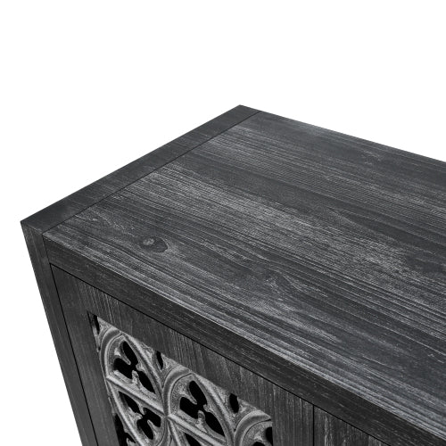 Antique Black Hollow Floral Four-Door Cabinet American Country Style Adjustable Layer Wooden Living Room TV Storage Cabinet