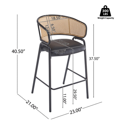 Indoor Metal Upholstered Barstool, Faux Leather Seat With Wowen Rattan Decorated Backrest, Set of 2