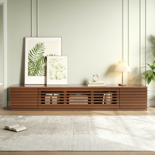 86.6 inch Walnut Legless Horizontal Slat Flip Door TV Stand Low Profile Media Console Fits 90 inch TV