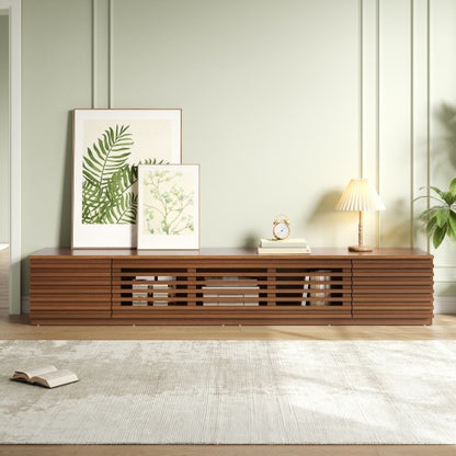 86.6 inch Walnut Legless Horizontal Slat Flip Door TV Stand Low Profile Media Console Fits 90 inch TV