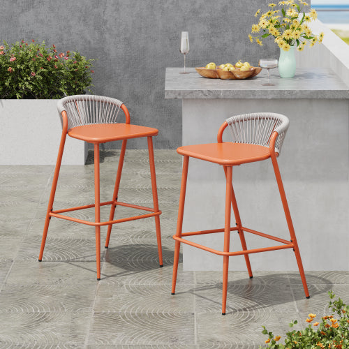 Outdoor 29" Seat Height Aluminum Frame Barstools with Rope-woven Scallop-shaped Backrest, Set of 2, Orange