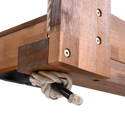 Twin Size Porch Swing Bed Seating Group, Patio Acacia Wood Swing Frame with Hemp Ropes for Garden, Backyard, Natural