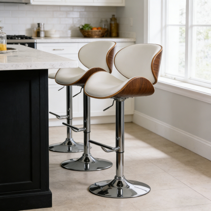 Modern Contemporary Swivel Walnut Bentwood Lift Adjustable Height Bar Stool with Curved Seat and Back (White)