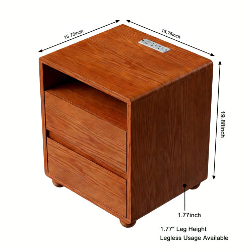 20inch Modern Nightstand with 2 Drawers And Shelves Solid Wood Night Stand with Charger Station Mid Century Bedside Table Curved Wood Side Table-Walnut