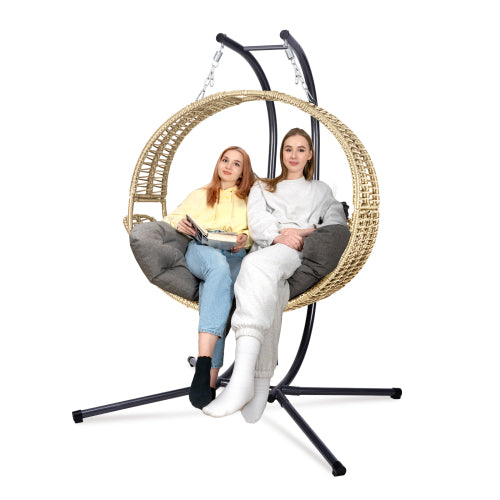 Double Hanging Egg Chair with Stand for Outdoor, Oversized 2 Person Wicker Rattan Swing Chair w/Convertible Armrest for Reclining Seat, All-Weather Cushion and Heavy Duty Frame, 700Lbs Cap. yellow