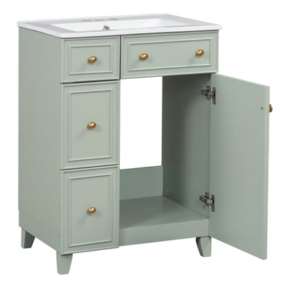 24-Inch Bathroom Vanity Cabinet with Ceramic Sink, 2 Drawers, 1 Door