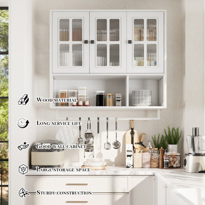 Bathroom Wall Cabinet, 3-Door Wooden Wall Cabinet with Open and Hidden Storage Space, Medicine Cabinet with Glass Door and Towel Bar for Entryway Living Room Bathroom Dining Room,White