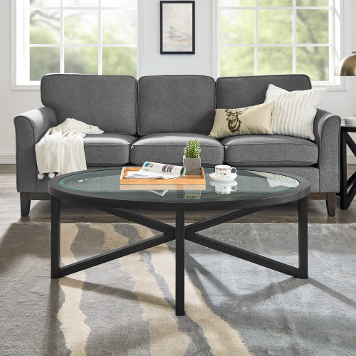 46.5 Inch Round Tempered Glass Coffee Table, Solid Wood Base Anti-Scratch Accent Table for Living Room & Terrace
