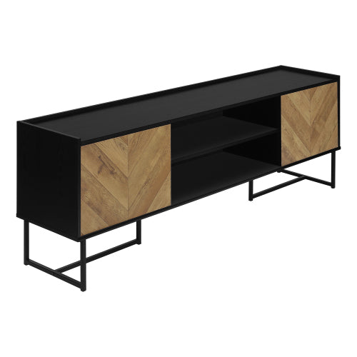 72 Inch Brown Black V-Groove TV Stand with Push Latch Cabinets & Black Metal Frame