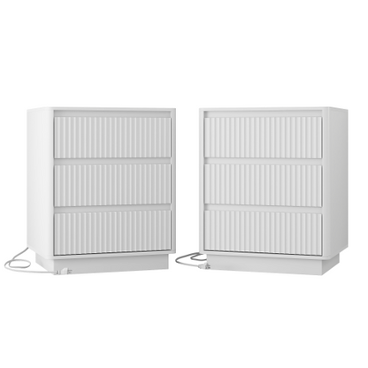 2 Pack White End Table, 3-Drawer Side Table with Fast USB-C Charging Station