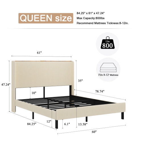 Queen Size Platform Bed , Metal Bed Frame with Charging Station, No Box Spring Needed, (Beige), Noise Free,Easy Assemble.
