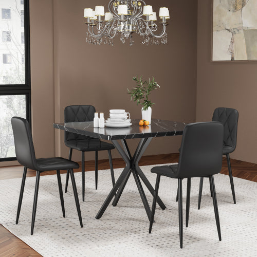 5-Piece Black Square Dining Set, Faux Marble Top & 4 Armless Chairs