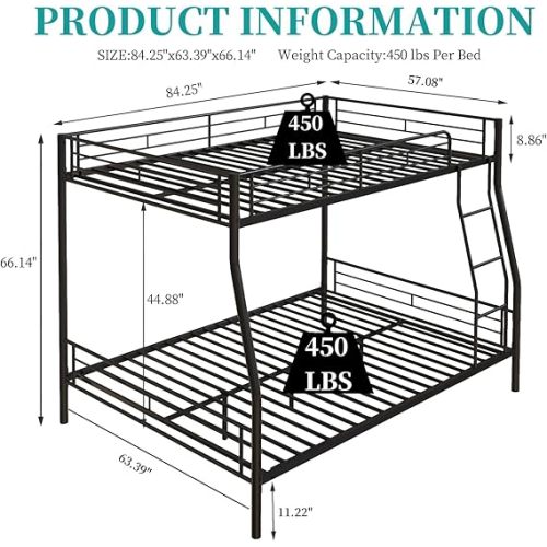 Heavy Duty Metal Bunk Bed Full Over Queen Bunk Bed Frame for Adults, Noise Free Frames, No Boxing Spring Needed