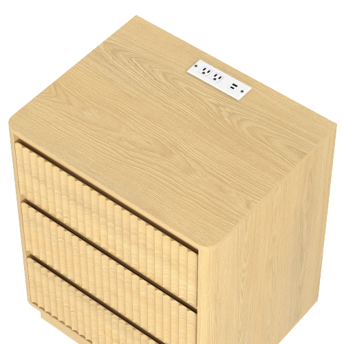 Natural Wood 3-Drawer Nightstand Set with USB-C Charger
