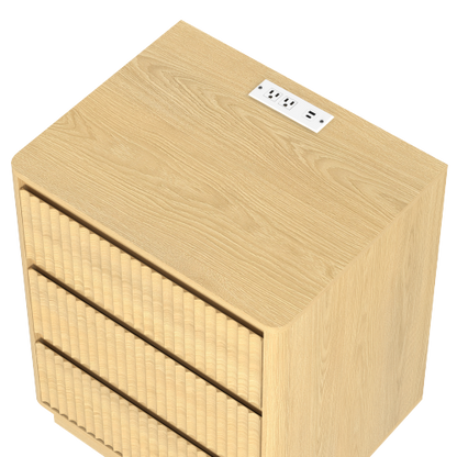 Natural Wood 3-Drawer Nightstand Set with USB-C Charger