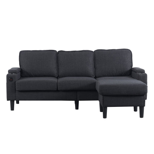 Dark-Grey L-Shaped Sectional 3-Seat Combo Sofa with Storage Ottoman USB Ports Cup-Holders for Living Room Apartment