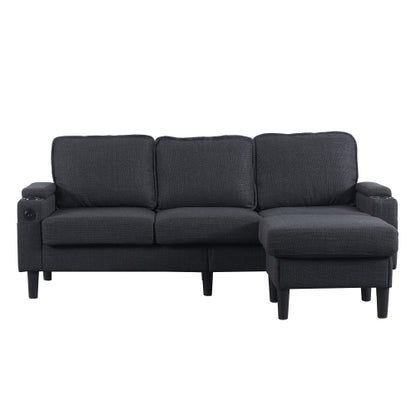 Dark-Grey L-Shaped Sectional 3-Seat Combo Sofa with Storage Ottoman USB Ports Cup-Holders for Living Room Apartment