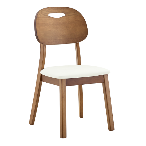 Set of 2 Walnut Solid Wood Dining Chairs, Curved Hollow Back with White PU Cushion