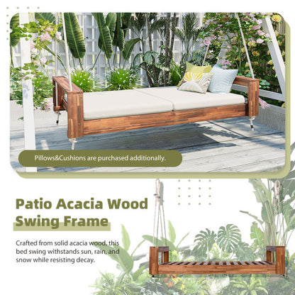 Twin Size Porch Swing Bed Seating Group, Patio Acacia Wood Swing Frame with Hemp Ropes for Garden, Backyard, Natural