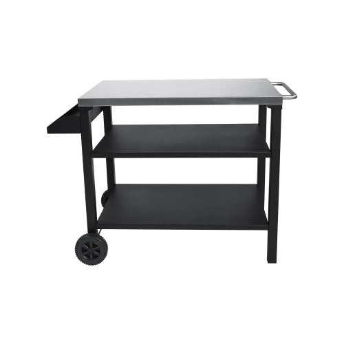 3-Tier Outdoor Grill Cart with Stainless Steel Top & Side Shelf, Movable BBQ Prep Table with Wheels, Rolling Serving Bar Cart for Patio, Backyard, Pizza Oven Stand, Black