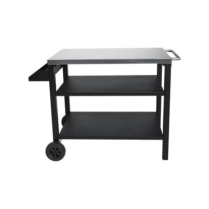 3-Tier Outdoor Grill Cart with Stainless Steel Top & Side Shelf, Movable BBQ Prep Table with Wheels, Rolling Serving Bar Cart for Patio, Backyard, Pizza Oven Stand, Black