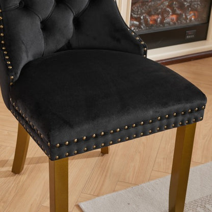 Set of 2 Black Velvet Mid-Century Dining Chairs, Lion Head Pull Ring Golden Solid Wood Legs 280lbs Capacity