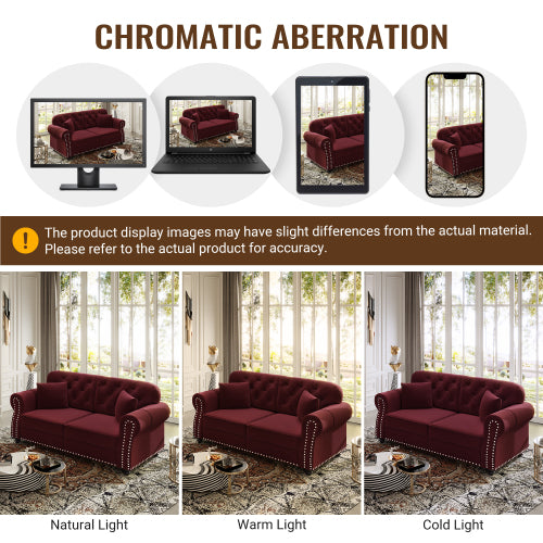 63 inch  Burgundy Mid-Century Velvet Sofa, Nailhead Trim, Rolled Arms, 2 Pillows